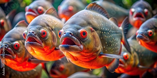 Several Red bellied piranha Pygocentrus nattereri captured in an extreme close up showcasing their sharp teeth and vibrant red bellies, extreme close-up, South America photo