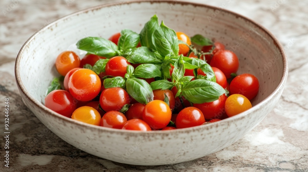 Fresh Cherry Tomatoes and Basil in a Bowl Fresh Cherry Tomatoes and Basil in a Bowl