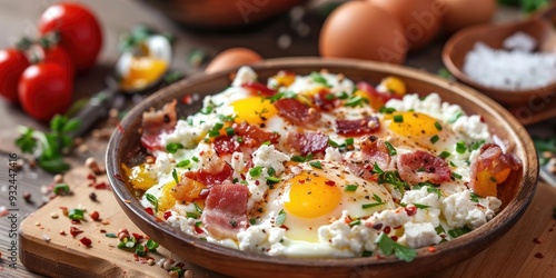 Scrambled farm fresh eggs with goat cheese and organic bacon Ideal for a Ketogenic Diet