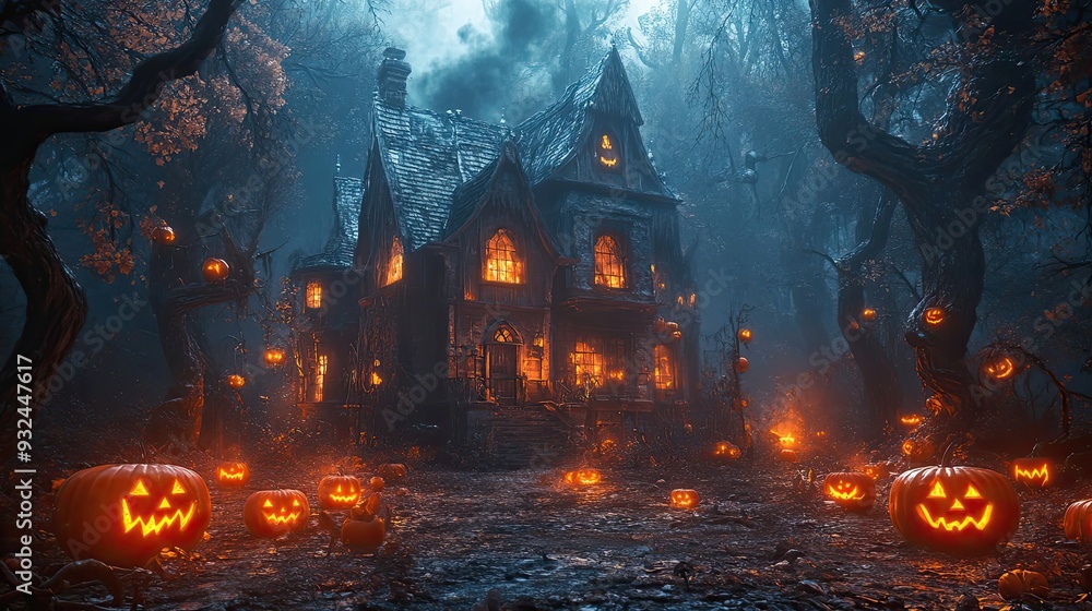 A Haunted House in a Foggy Forest Surrounded by Jack-o'-Lanterns A Haunted House in a Foggy Forest Surrounded by Jack-o'-Lanterns