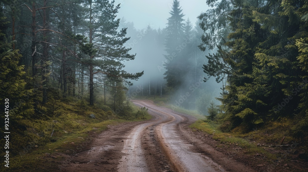 A winding dirt path in a dense forest enveloped in thick morning mist, creating a mysterious and tranquil atmosphere.. A winding dirt path in a dense forest enveloped in thick morning mist, creating a mysterious and tranquil atmosphere..