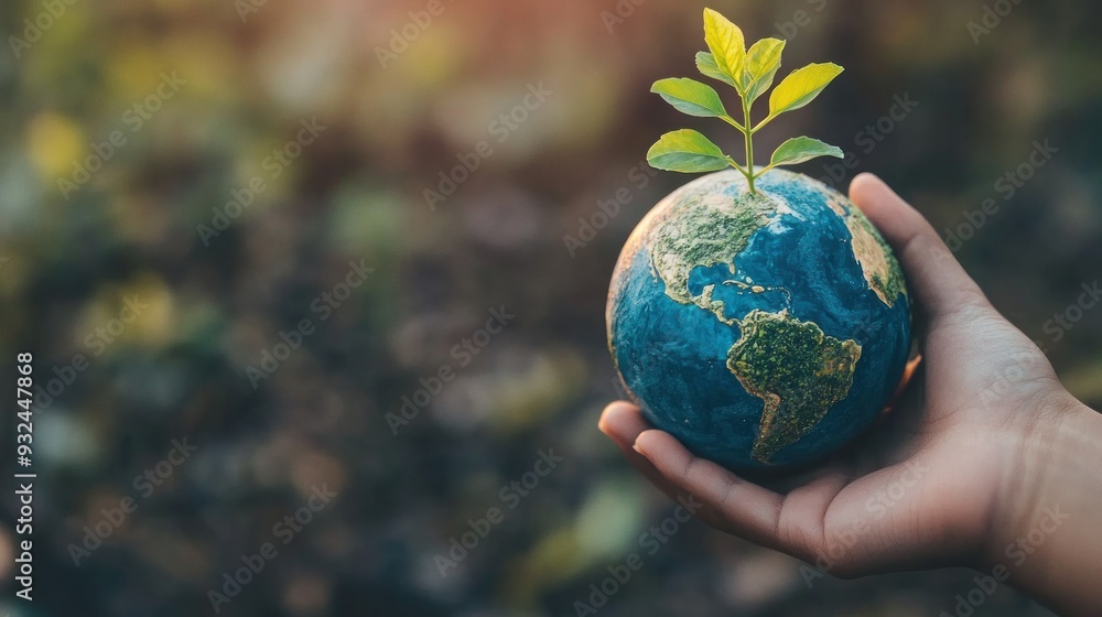 A Small Hand Holds a Model Earth with a Sprout A Small Hand Holds a Model Earth with a Sprout