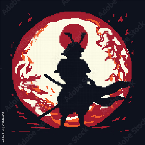 Pixelated Samurai Japanese Warrior with Sun Fire Burning Pixel Art Illustration Vector