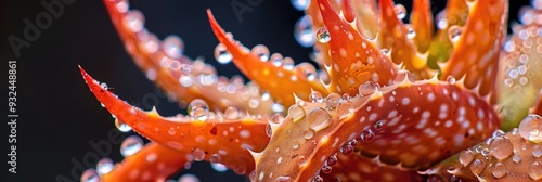 Succulent Aloe rauhii variety Orange Marmalade displaying vibrant red thorns, hooks, and growths, enhanced with large water droplets, captured in a close-up side view on damp milk wax. photo