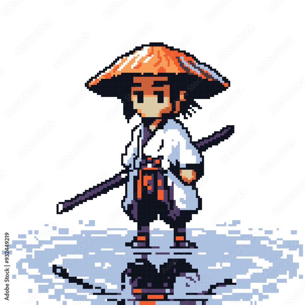 Obraz premium Cute Pixelated Little Monk with Staff Standing on Water in Pixel Art Style