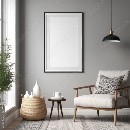 poster frame mock-up on modern living room interior. minimalist fucnitures