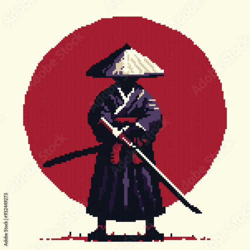 Mysterious Wandering Samurai Semi Silhouette with Rising Sun Background in Pixel Art Style