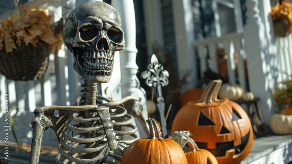 A skeleton is posed with pumpkins on a porch adorned for Halloween, celebrating the festive spirit of the season A skeleton is posed with pumpkins on a porch adorned for Halloween, celebrating the festive spirit of the season
