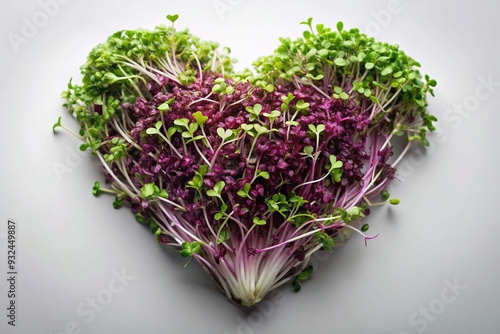 A close up stock photo of heart shaped microgreens made from Brassica broccoli and red cabbage reflecting a nutritious and visually appealing culinary delight, organic, heart shape, healthy photo