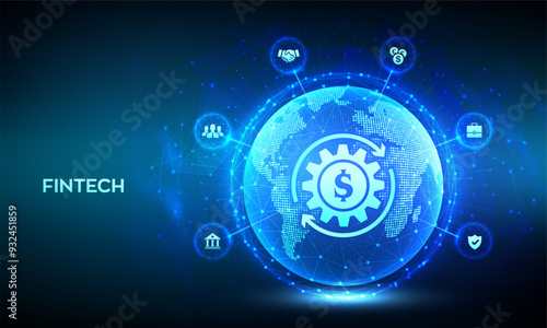 Fintech. Financial technology. Global online banking and crowdfunding. Business investment banking payment technology concept. World map point line composition. Earth planet globe. Vector illustration