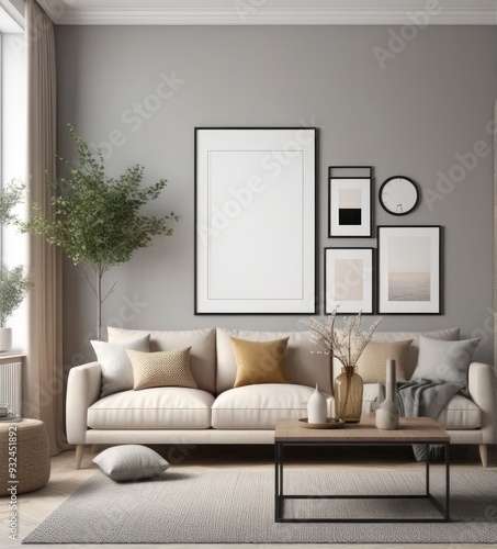 poster frame mock-up on modern living room interior. minimalist fucnitures