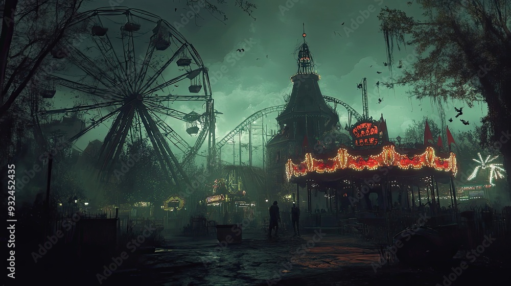 Obraz premium Two Figures Walking Away from a Dark and Abandoned Amusement Park