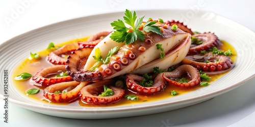 ked to perfection in a pan with oil and tomato sauce presented on a white plate in a studio setting Ready to enjoy the delicious dish is captured from a tilted angle showcasing its appetizing appeal photo