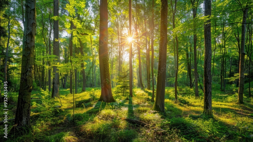 Obraz premium Beautiful forest panorama with bright sun shining through the trees , ai