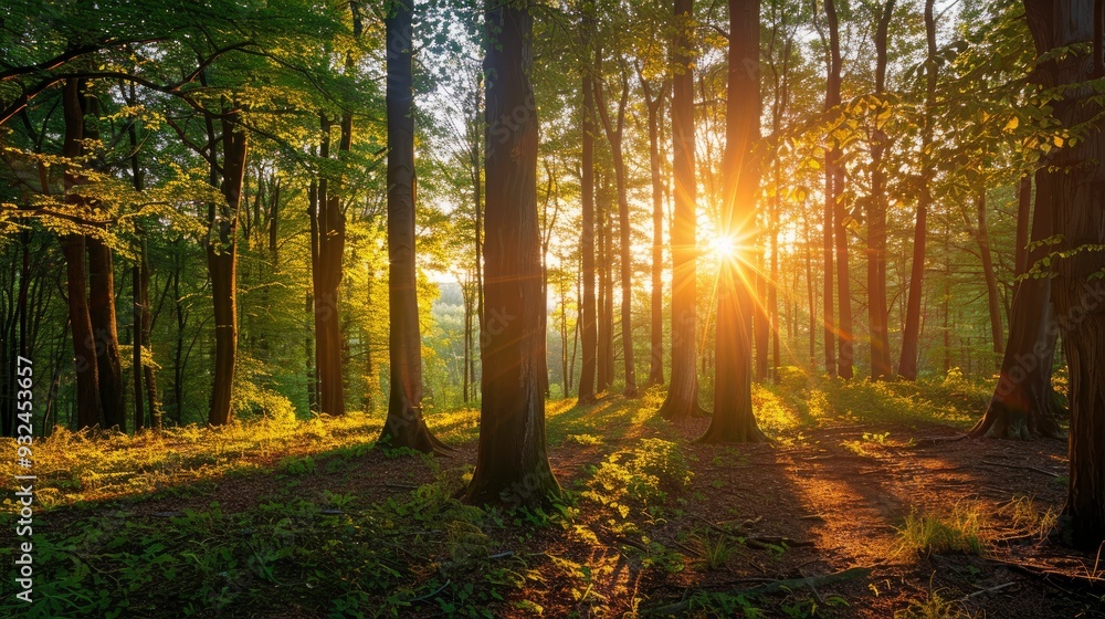 Fototapeta premium Beautiful forest panorama with bright sun shining through the trees , ai