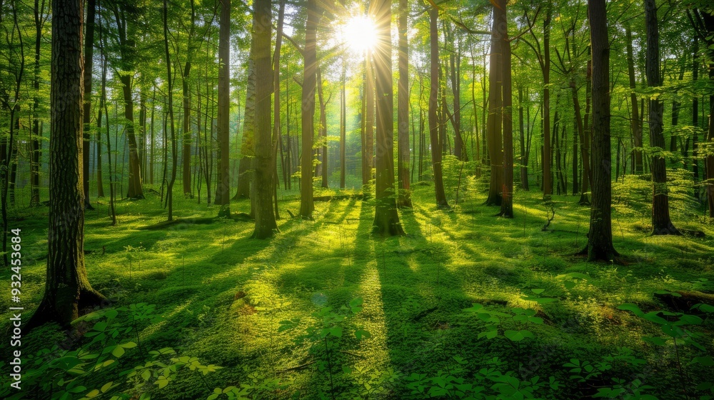 Fototapeta premium Beautiful forest panorama with bright sun shining through the trees , ai