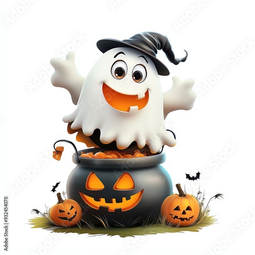 A cheerful ghost in a witch hat joyfully pops out of a Halloween cauldron surrounded by carved pumpkins.