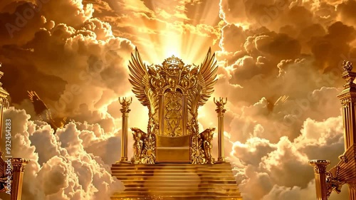 Animation of majestic golden throne of god in heaven in the sky surrounded white clouds and divine light. Second coming of Jesus Christ. Biblical scene. Christian religion concept photo