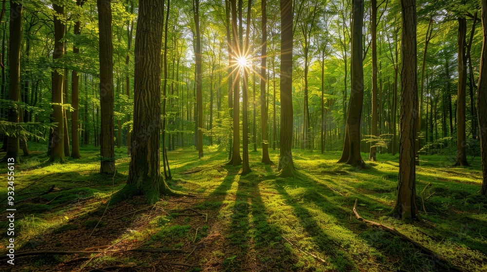 Fototapeta premium Beautiful forest panorama with bright sun shining through the trees , ai