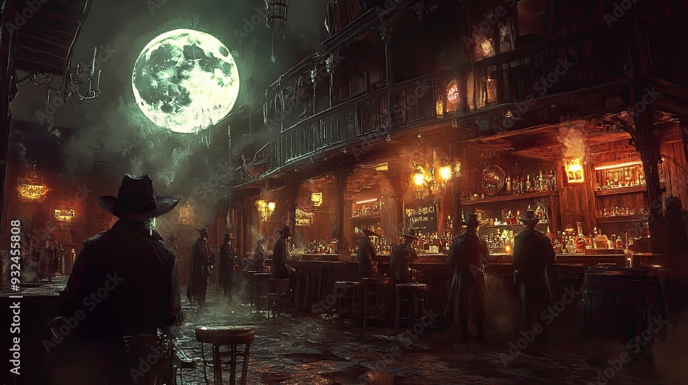 Fototapeta premium A Cowboy Stands Outside a Saloon Under a Full Moon