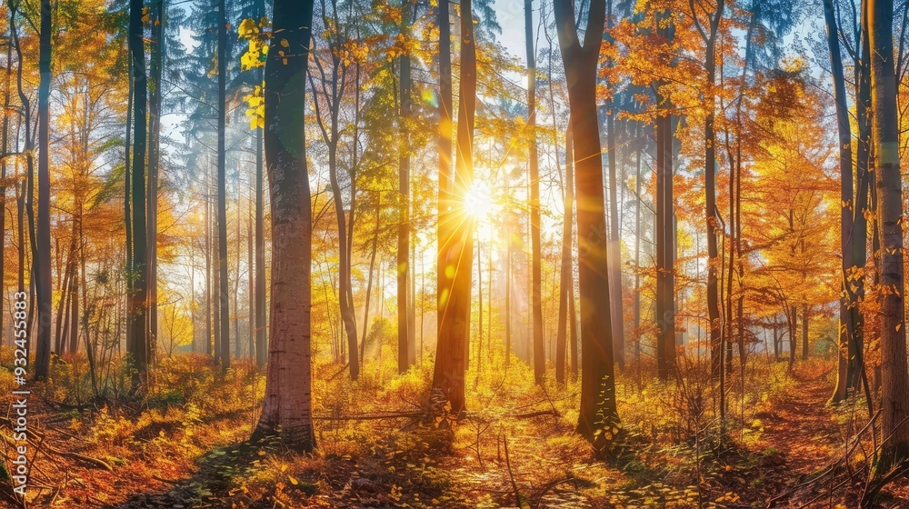 Fototapeta premium Beautiful forest panorama with bright sun shining through the trees , ai