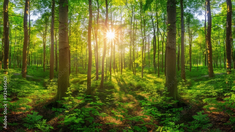 Obraz premium Beautiful forest panorama with bright sun shining through the trees , ai
