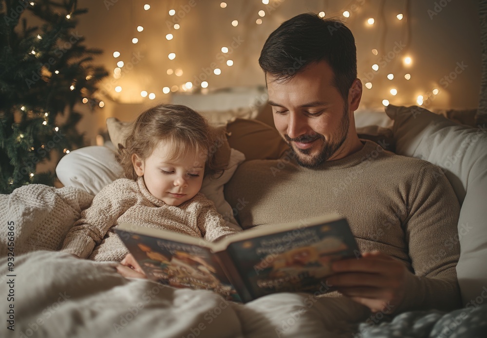 A dad reading a bedtime story to his child, both snuggled up in bed under soft lighting A dad reading a bedtime story to his child, both snuggled up in bed under soft lighting