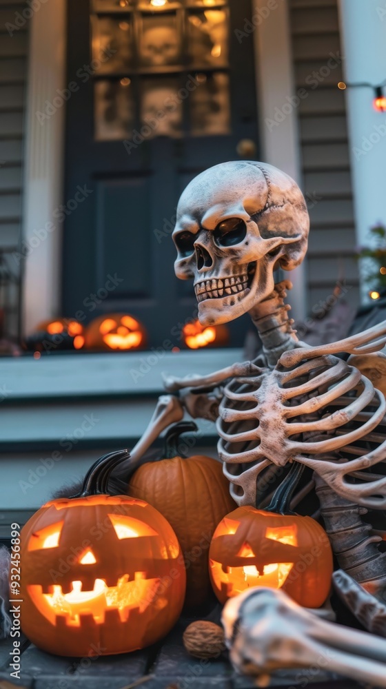 A skeleton relaxes near carved pumpkins on a porch, creating a festive Halloween atmosphere under soft evening light A skeleton relaxes near carved pumpkins on a porch, creating a festive Halloween atmosphere under soft evening light