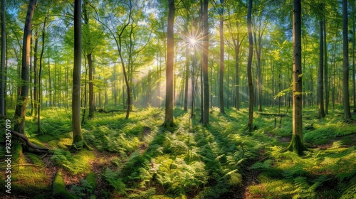 Beautiful forest panorama with bright sun shining through the trees , ai