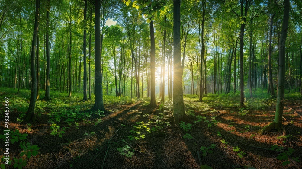 Obraz premium Beautiful forest panorama with bright sun shining through the trees , ai