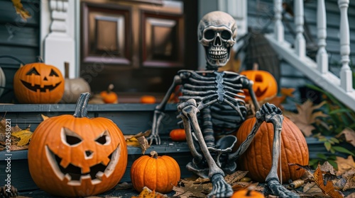 A skeleton sits next to carved pumpkins on the porch, surrounded by autumn leaves, creating a spooky Halloween vibe