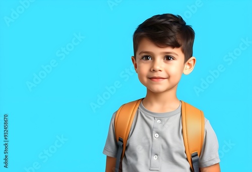 Portrait of a cute little boy with backpack standing against blue background