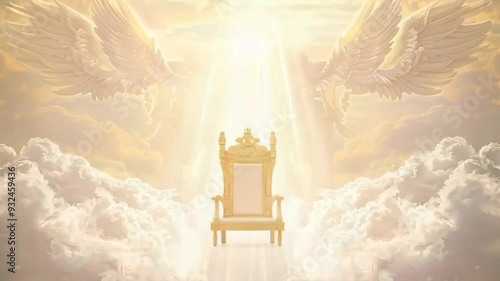 Animation of majestic golden throne of god in heaven in the sky surrounded white clouds and divine light. Second coming of Jesus Christ. Biblical scene. Christian religion concept photo