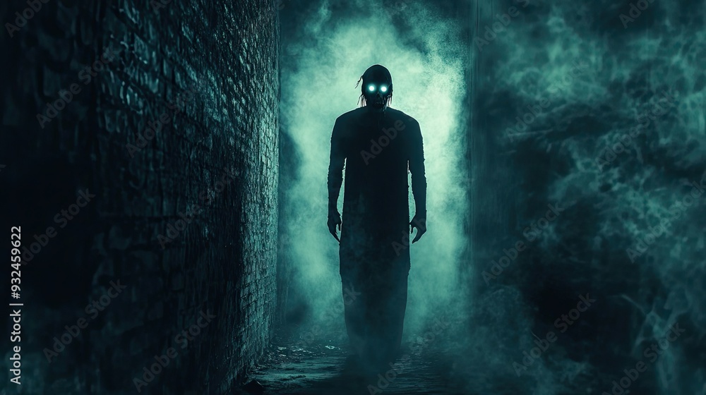 A Glowing-Eyed Figure Walks Through a Dark and Foggy Alleyway A Glowing-Eyed Figure Walks Through a Dark and Foggy Alleyway