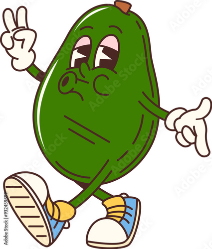 Cartoon groovy avocado vegetable character. Cool tropical veg personage with expressive eyes, gloves and sneakers is strutting confidently making a peace sign and showcasing a laid-back and funky vibe