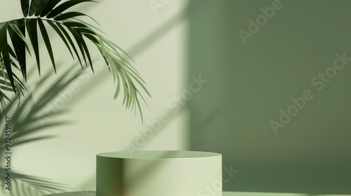Minimalist Green Product Display with Palm Leaf Shadow