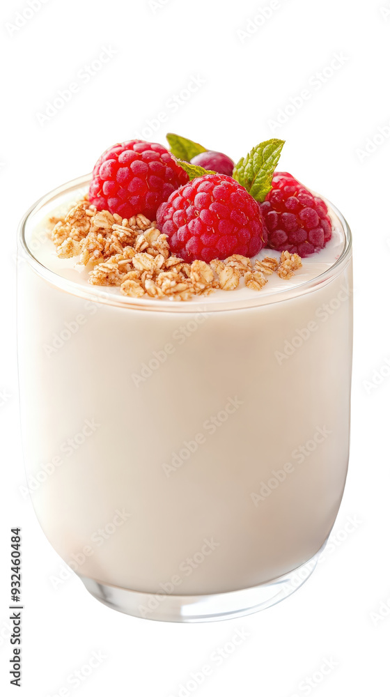 A glass of yogurt with raspberries and granola on top A glass of yogurt with raspberries and granola on top