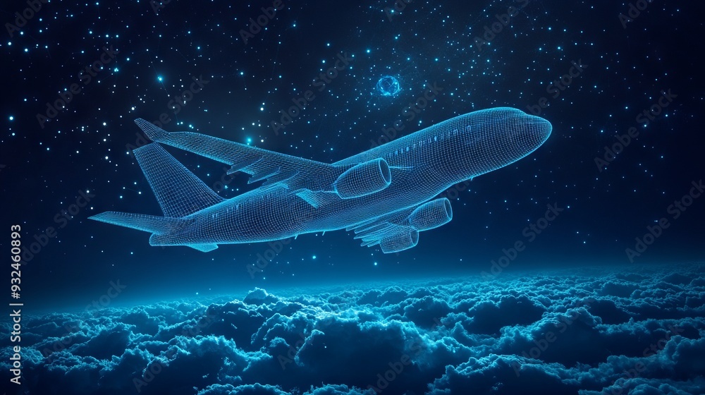 Digital 3d airplane flying over clouds. Abstract vector wireframe of airliner in the sky. Travel, tourism, business, transportation concept. Low poly dark blue mesh with dots, lines and glowing stars Digital 3d airplane flying over clouds. Abstract vector wireframe of airliner in the sky. Travel, tourism, business, transportation concept. Low poly dark blue mesh with dots, lines and glowing stars