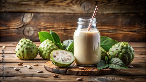 detailed description of the stock photo A delicious and refreshing cherimoya smoothie served in a glass bottle on a wooden rustic table styled symmetrically with fresh cherimoya fruit slices on top