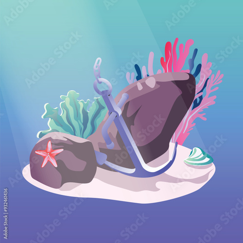 Underwater background. Ocean floor with stones and corrals, algae, and fish. Vector illustration