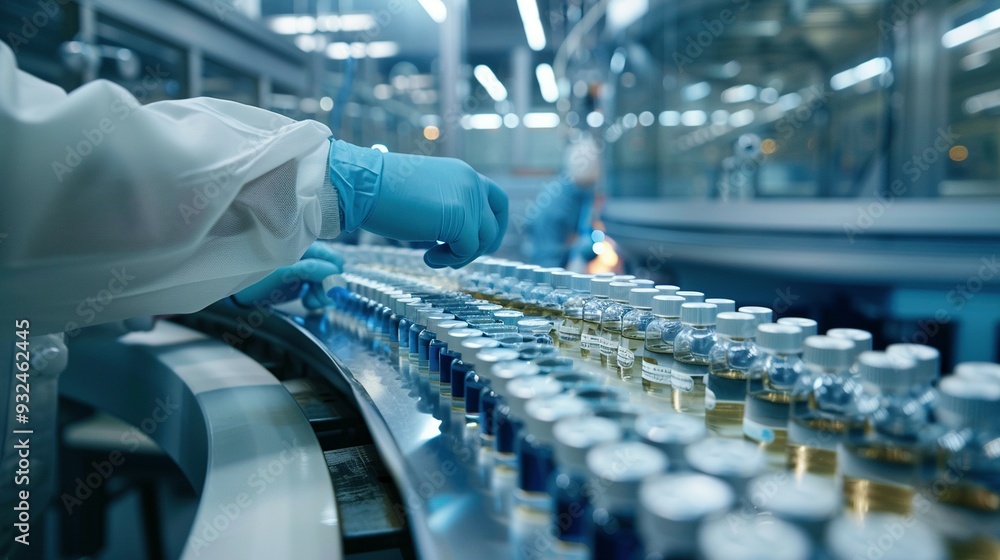 A worker in a sterile environment inspecting vials on a conveyor belt A worker in a sterile environment inspecting vials on a conveyor belt