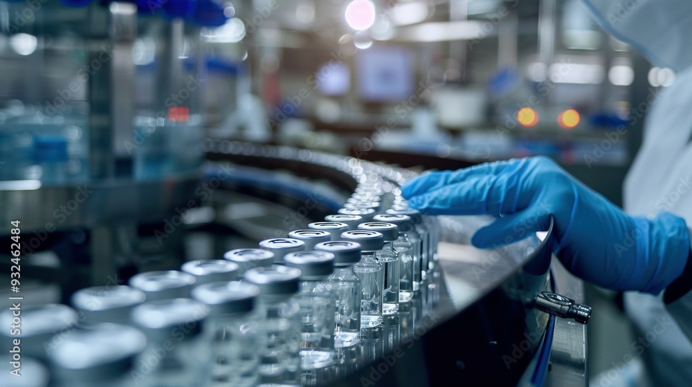Gloved Hand Inspecting Glass Vials on a Conveyor Belt in a Factory Gloved Hand Inspecting Glass Vials on a Conveyor Belt in a Factory