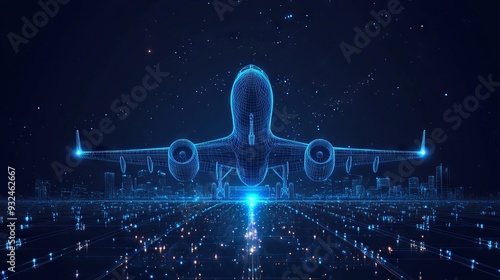 Digital airplane standing on runway, airport buildings, plane taking off, shuttle bus, control tower. Airport low poly wireframe concept in dark blue. Abstract vector mesh with dots, lines and stars