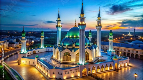 A stunning aerial view of the majestic Kul Sharif Mosque in Kazan Kremlin at night with its elegant minarets and domes beautifully illuminated, minarets, skyline photo