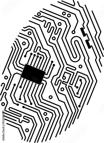 Computer digital fingerprint with chipset on circuit board, vector technology. Fingerprint with computer chip and circuit board pattern for digital biometric identification and identity verification