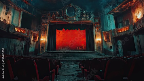 Wallpaper Mural Abandoned Theater Stage with Red Seats and a Glowing Backdrop Torontodigital.ca