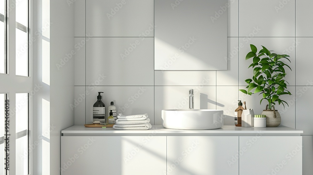 Minimalist Bathroom Vanity with Sink and Green Plant Minimalist Bathroom Vanity with Sink and Green Plant