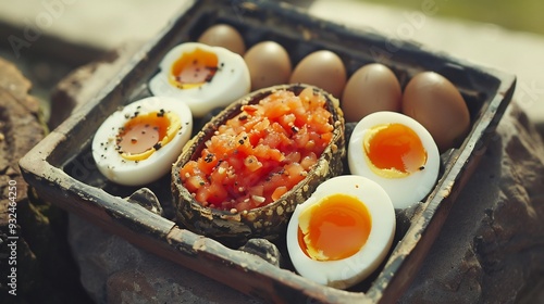 Tray of jachnun slowcooked Yemenite pastry served with grated tomato and a hardboiled egg for a traditional food breakfast photo