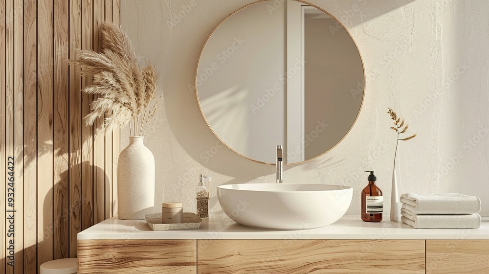 Modern Bathroom with White Sink, Round Mirror, and Wooden Accents Modern Bathroom with White Sink, Round Mirror, and Wooden Accents
