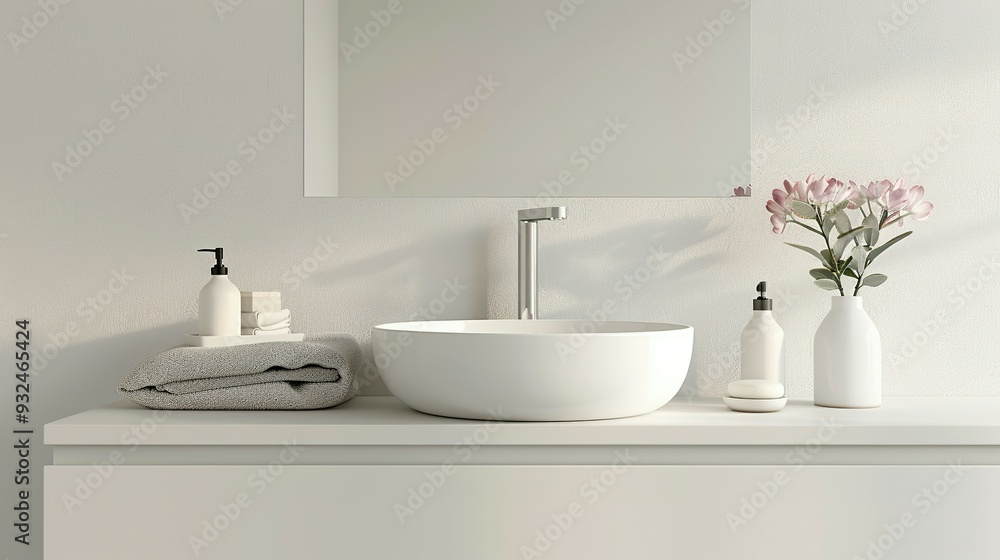 White Bathroom Vanity with Sink, Towel, and Flowers White Bathroom Vanity with Sink, Towel, and Flowers